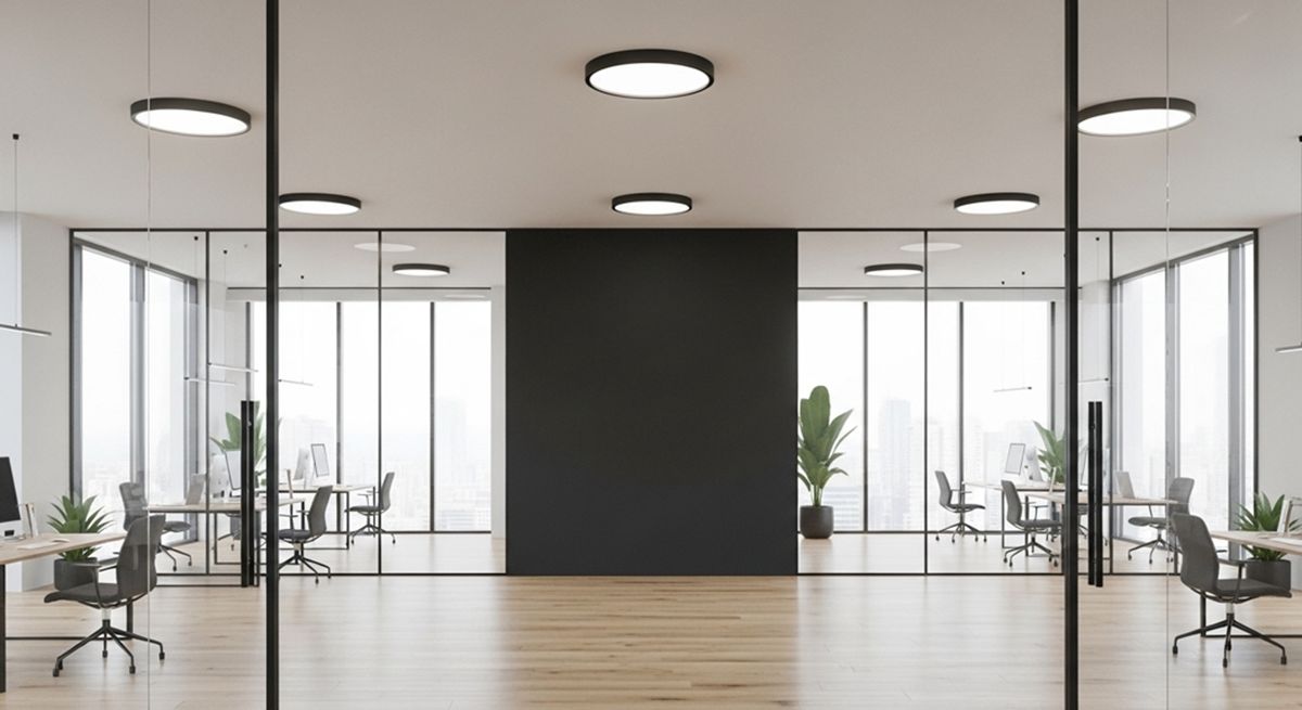 Plateau de bureaux vide aux cloisons entièrement vitrées