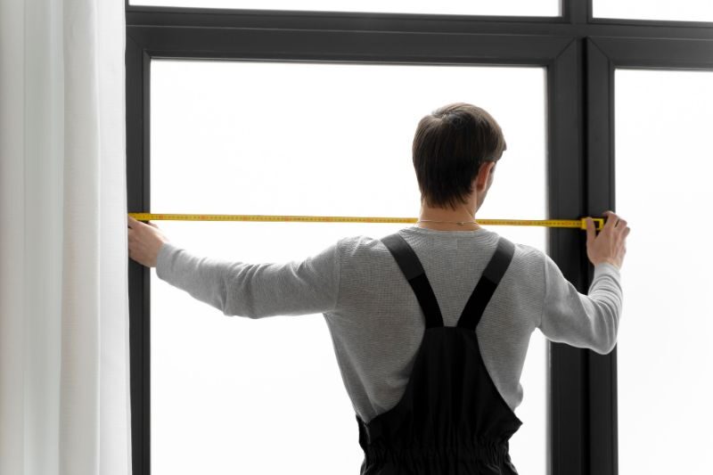 Mètre ruban déroulé pour relever les dimensions avant une découpe de verre