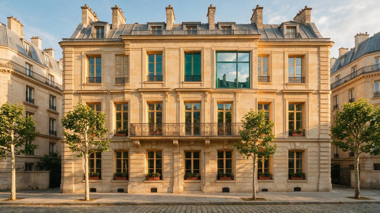 Façade haussmannienne en pierre de taille, fenêtres à petits bois et balcon en fer forgé