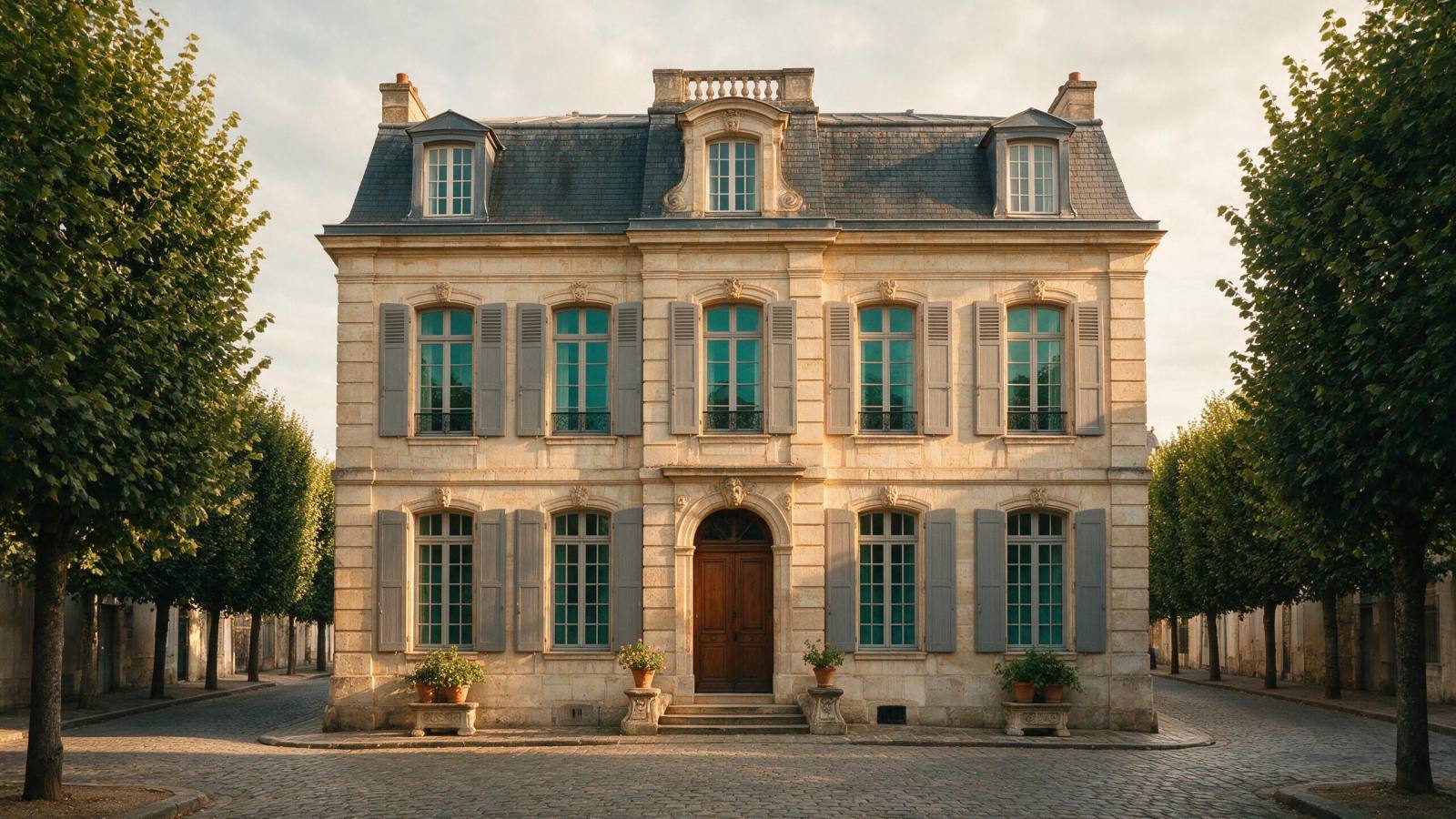 Maison de ville du XVIIIᵉ en pierre de taille, hautes fenêtres à petits carreaux et volets gris