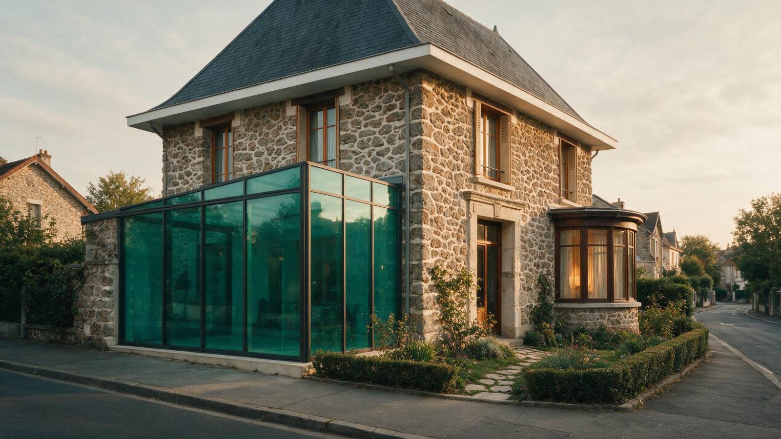 Pavillon en meulière avec véranda vitrée et bow-window, dans un jardin de devant