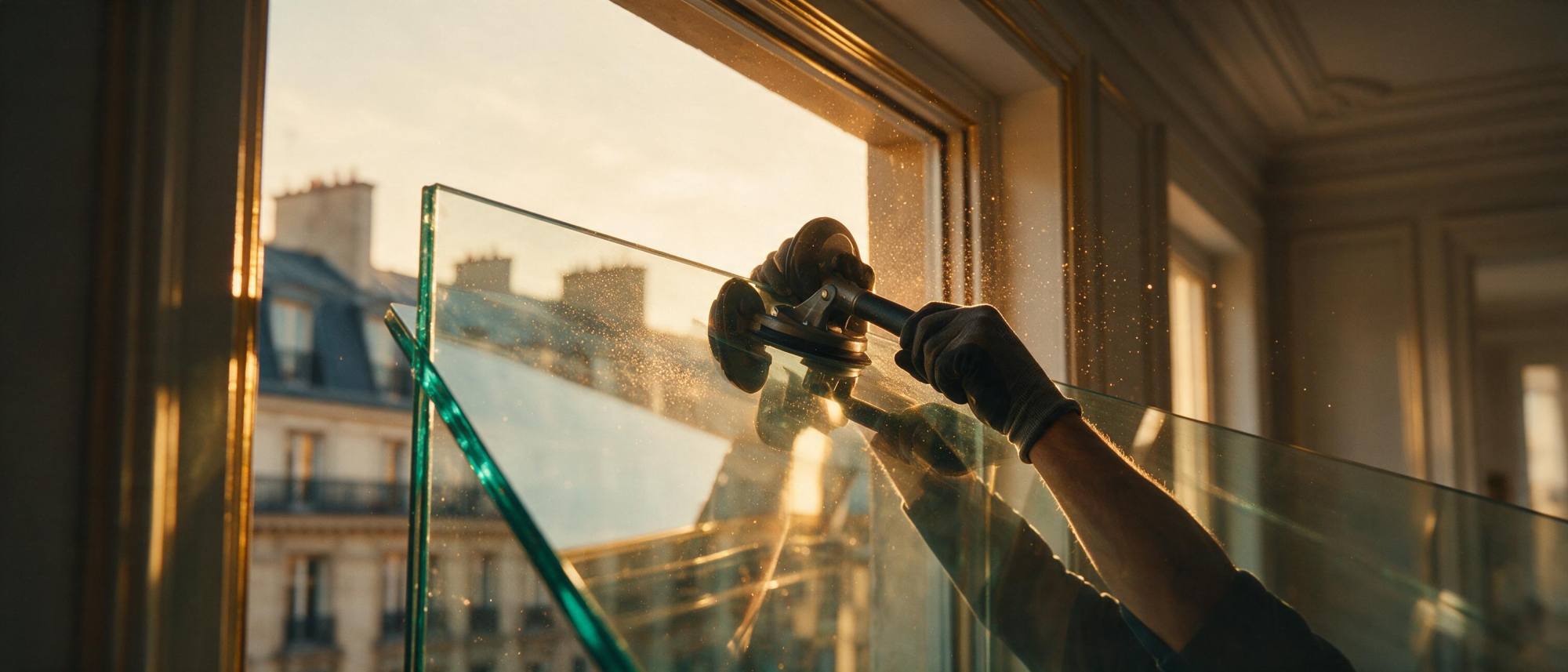 Pose d'un vitrage à la ventouse devant une fenêtre, vue à contre-jour sur les toits de Paris