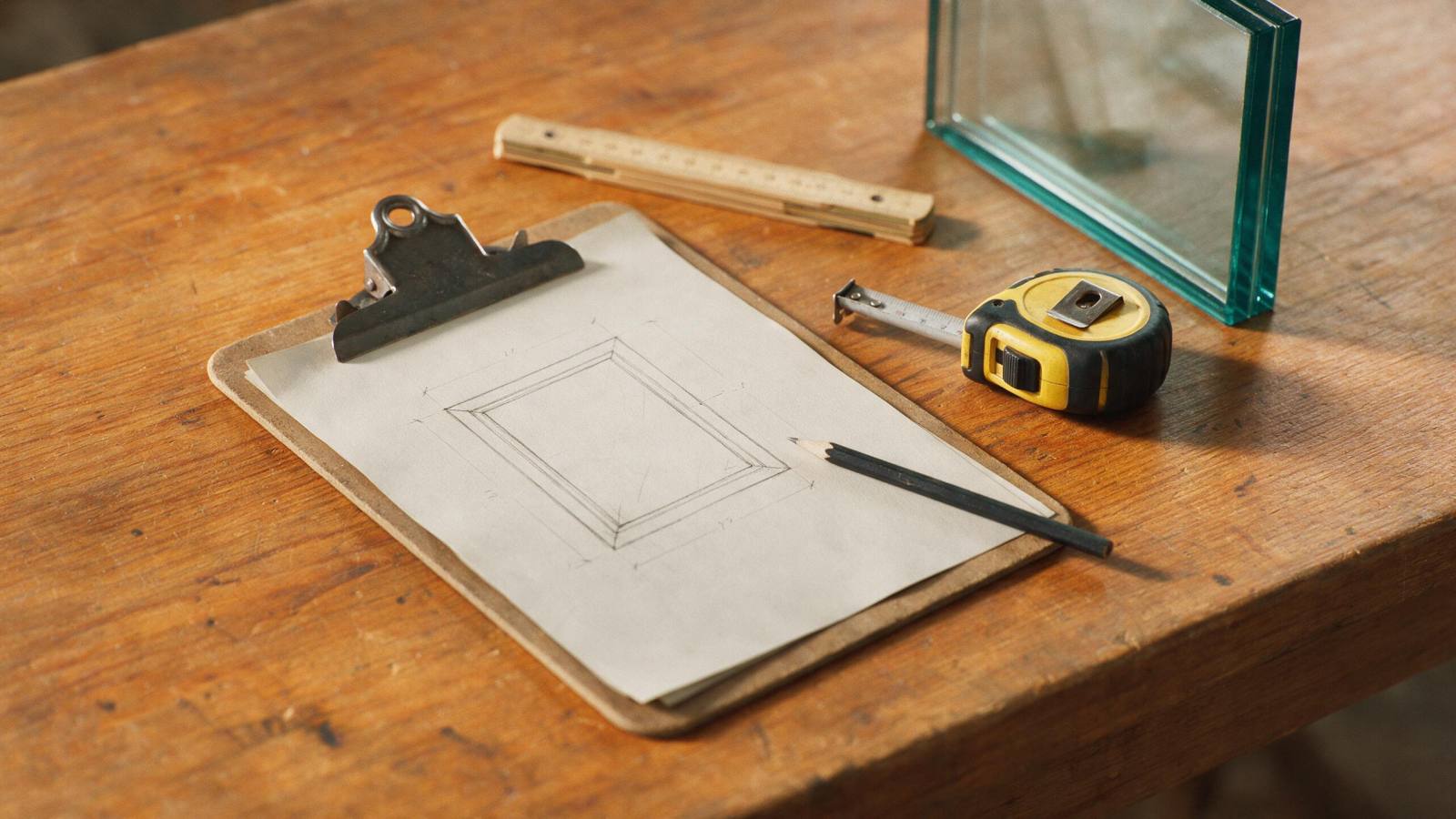 Croquis d'une baie et cotes au crayon sur une planchette, mètre pliant et ruban à mesurer