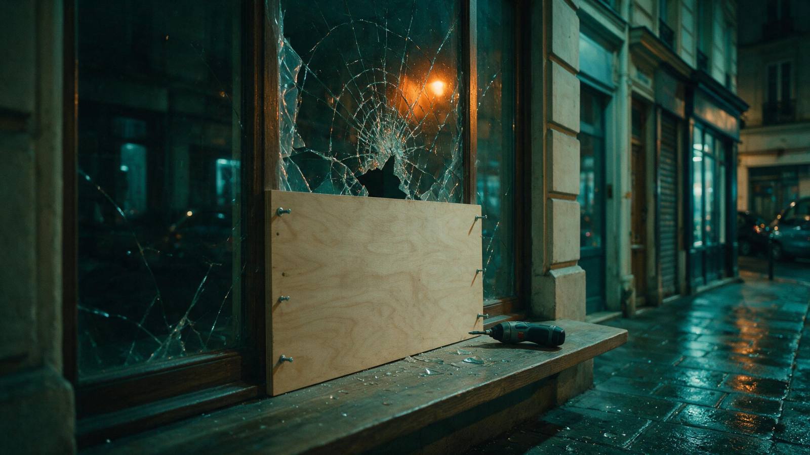Vitrine brisée fermée par un panneau de bois vissé sur le cadre, de nuit